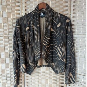 Zebra Print Open Front Cardigan Black Tan Cropped Bolero Jacket Womens M Neutral